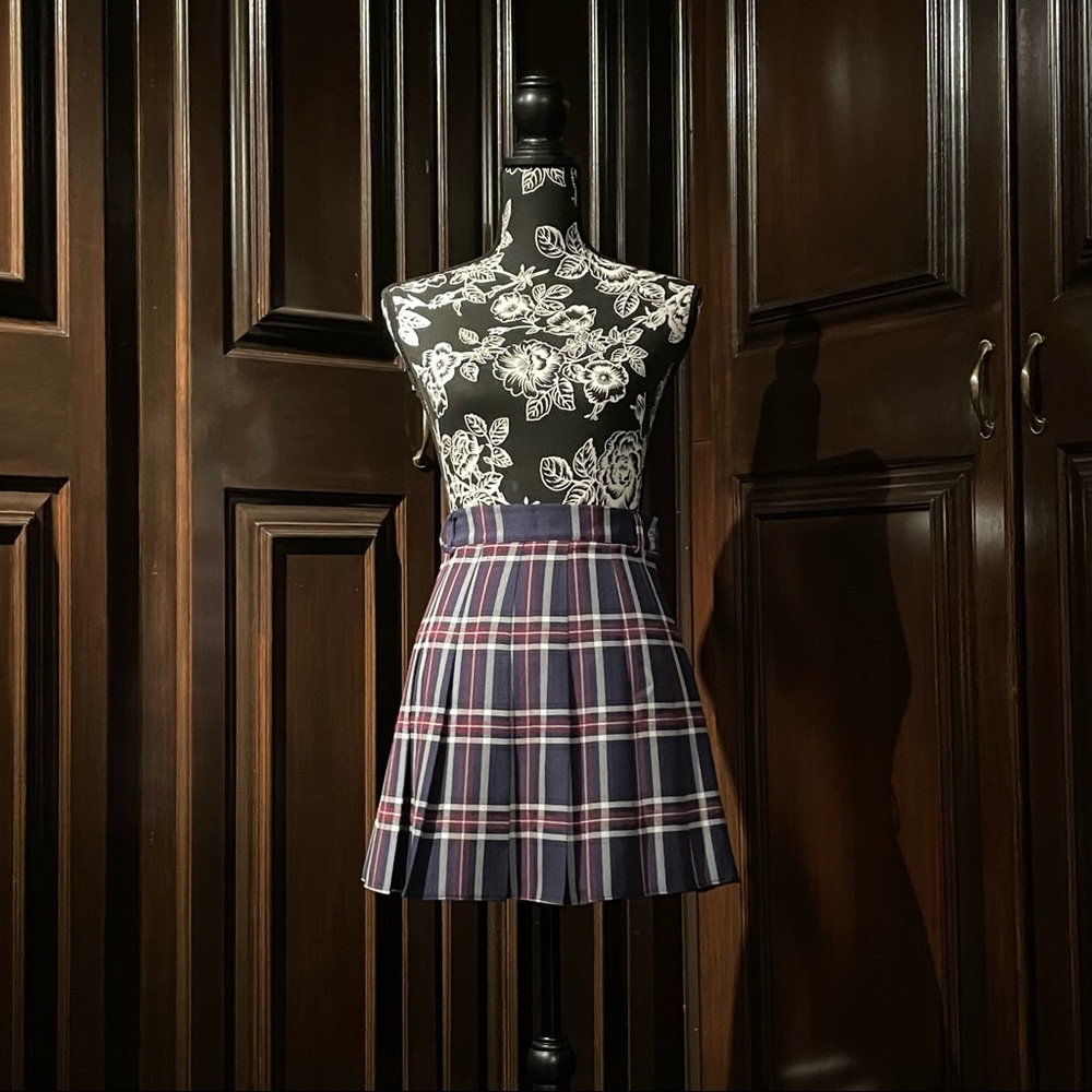 High Waisted Navy Blue & Burgundy Mini Plaid Skirt